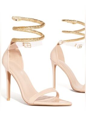 Cape Robbin Blush Patent Pointed Heels with Gold Coil Ankle Wrap